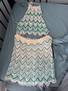 Crochet Zigzag Mini two-piece set in Cream, Light Blue & Green